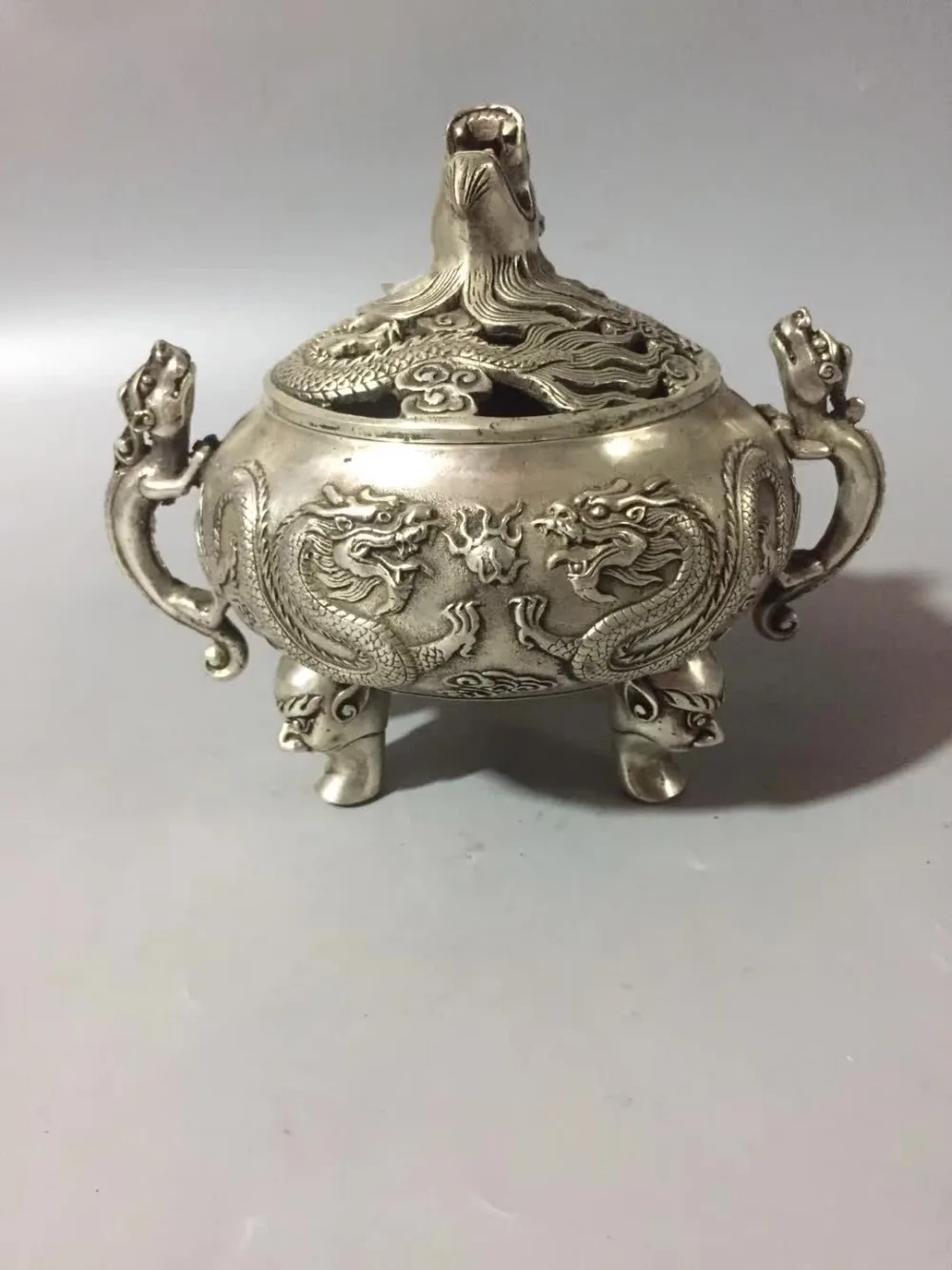 

Art collection old handmade tibet silver 3 dragon Incense burner/Big home decoration metal dragon censer craft