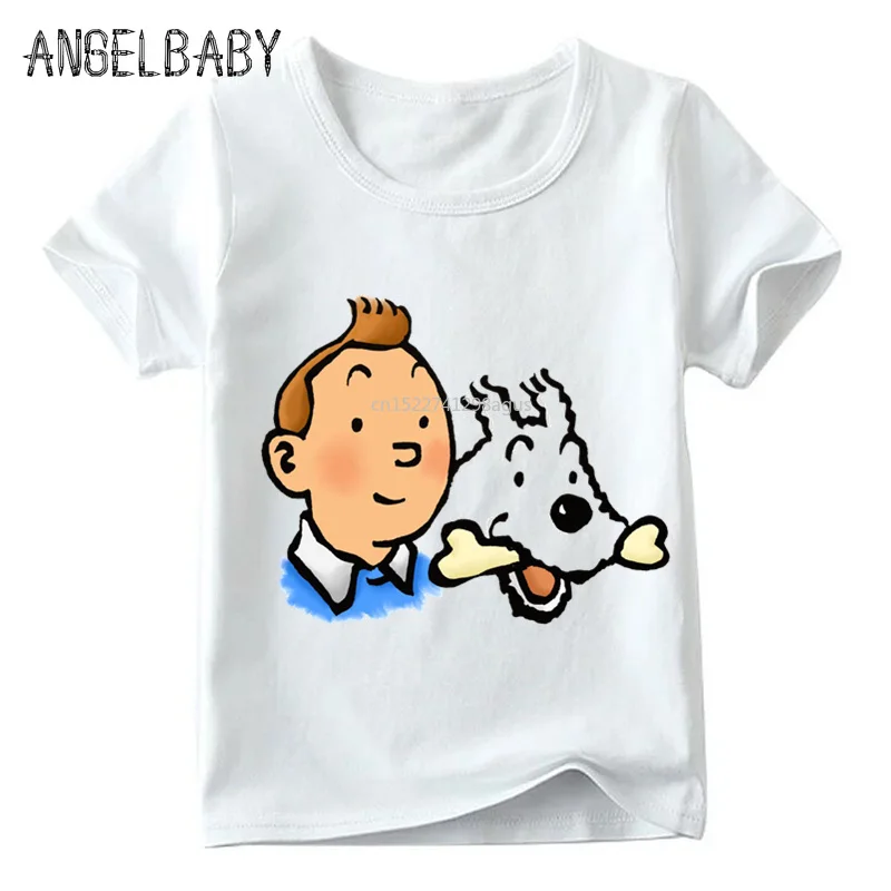 Детская забавная футболка с мультяшным принтом TINTIN летние белые топы для