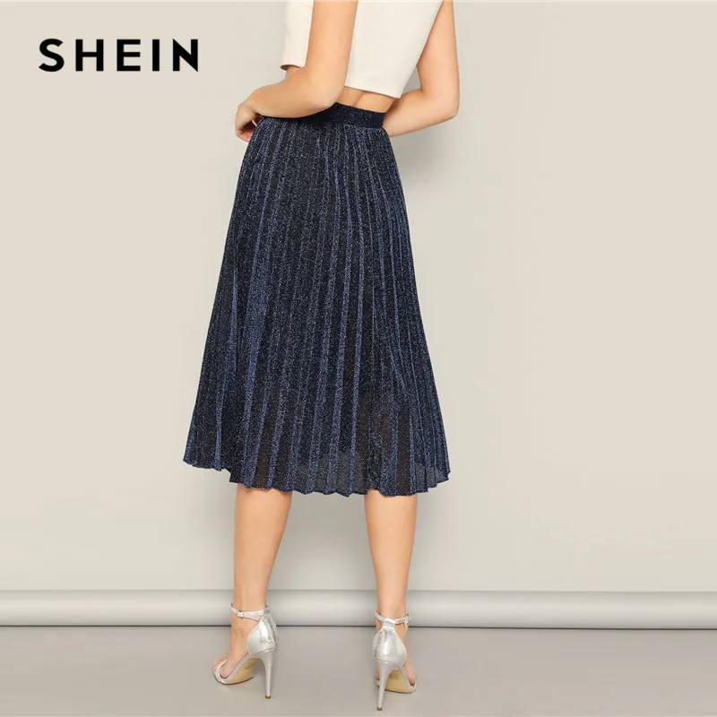 SHEIN Блестящая Плиссированная Юбка, Элегантная Миди Юбка С Эластичным Поясом