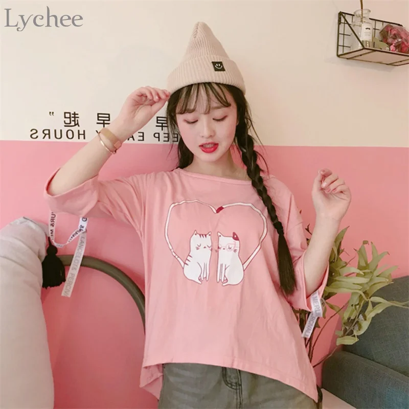 Женская летняя футболка Lychee с вырезами Милая принтом в виде кота и надписи Love на
