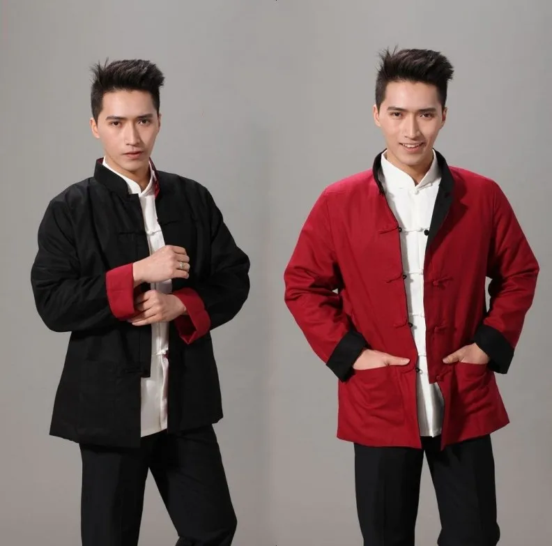 black red Народные мужские хлопковые льняные боевые искусства Китайский кунг-фу Двусторонняя одежда Тай Чи униформа для мужчин ушу, тренировочные спортивные костюмы Chaqueta - Цвет: black red