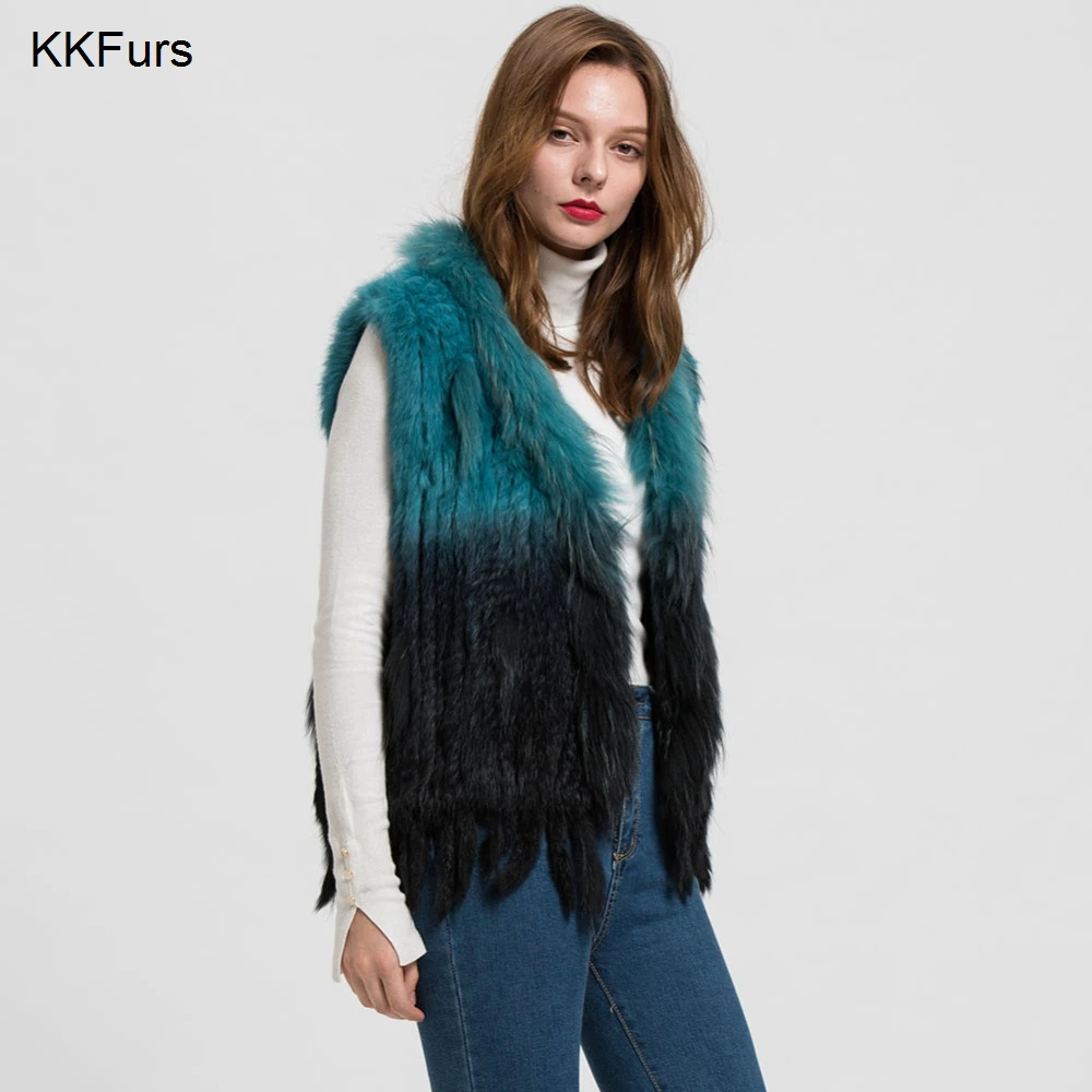 Популярный женский жилет JKKFURS из натурального кроличьего меха вязаный зимний
