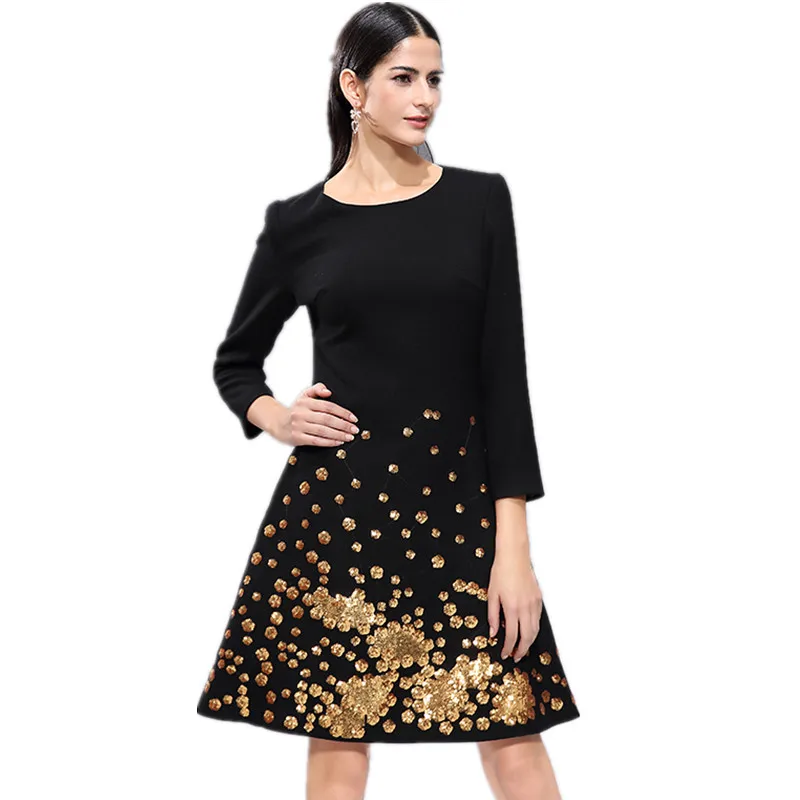 

JSXDHK Women Dress 2021 Runway Designer Autumn Black Sequined Wrist Sleeve Dress Casual Embroidery Cotton Party Dress Vestidos