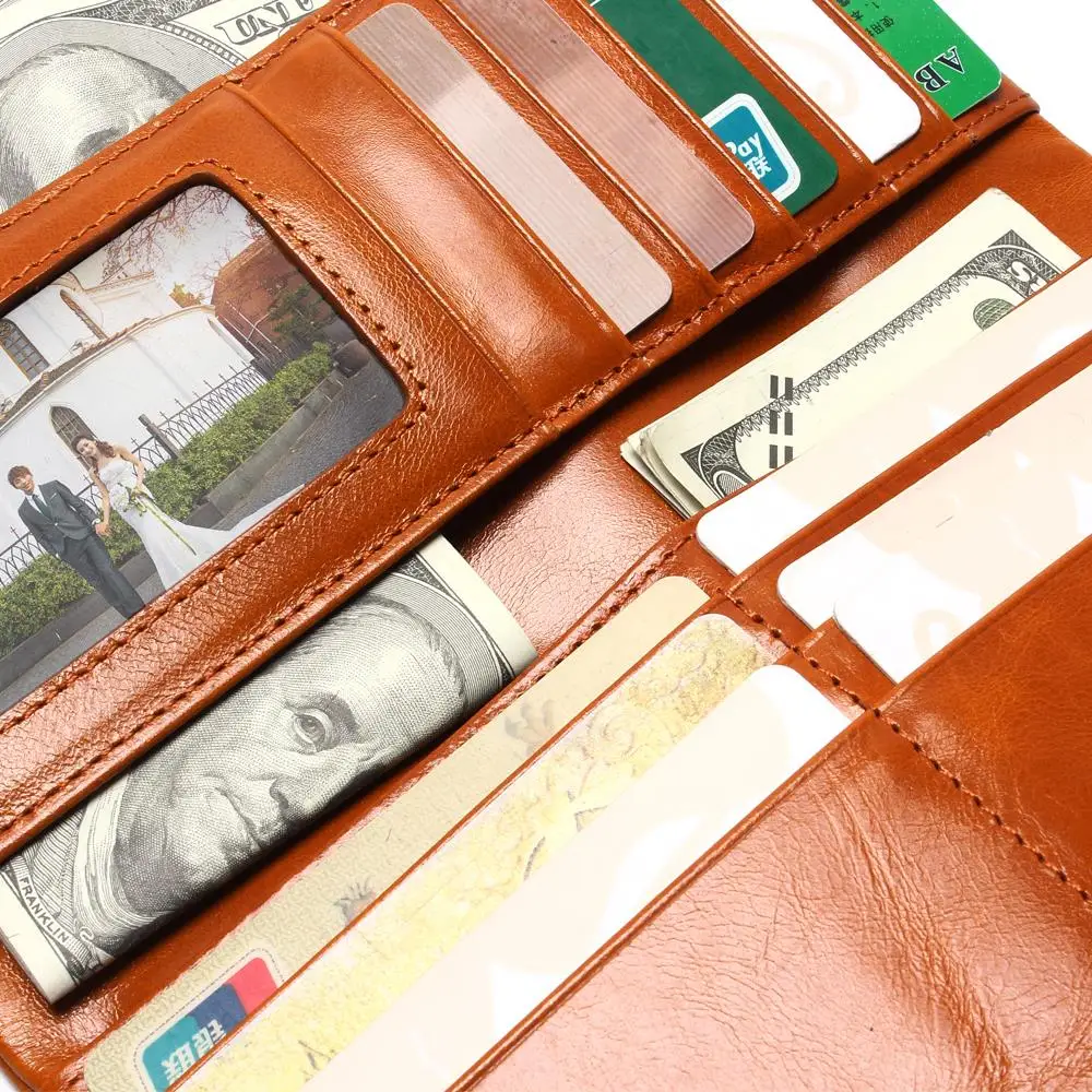 

Women Wallets Genuine Leather Medium-Long Organizer Wallet Oil Wax Cowhide Hasp Vintage Lady Clutch Carteira Feminina Purse