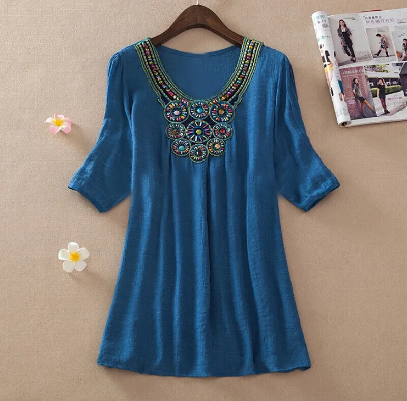 Женская длинная бамбуковая хлопковая рубашка с вышивкой и бусинами|size women|cotton