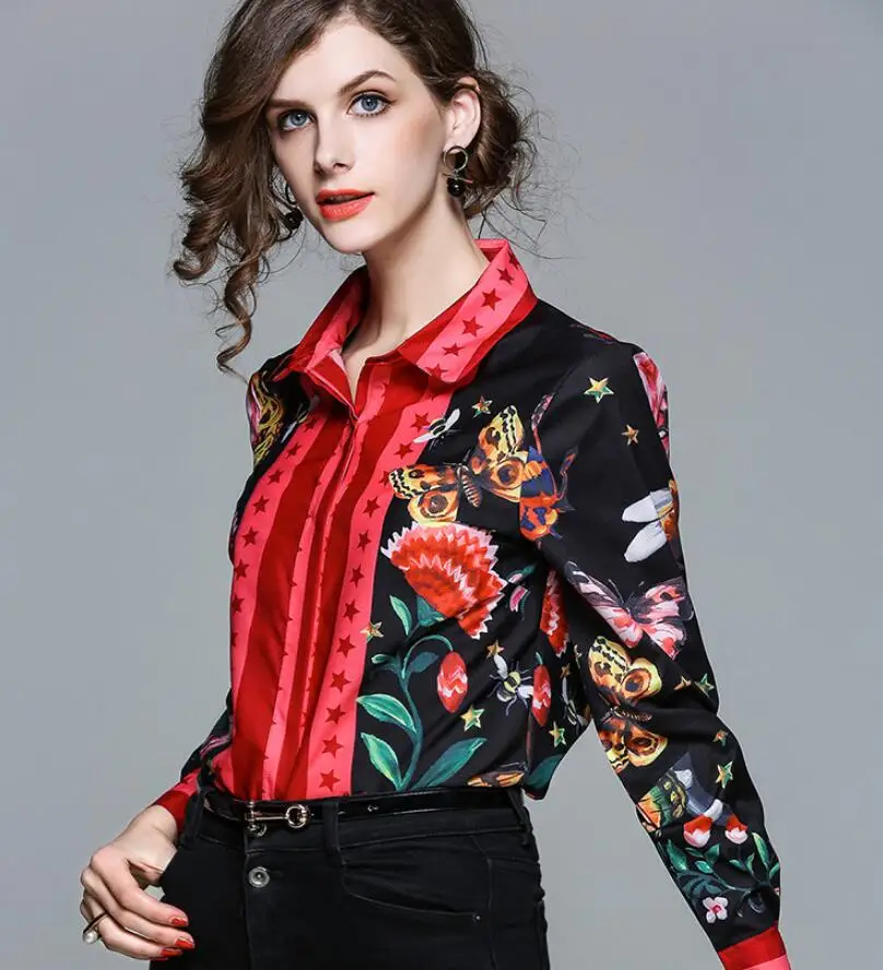 Spring summer women's long sleeve star flower print bow neck shirt female european fashion casual loose chic shirt blouse TB909