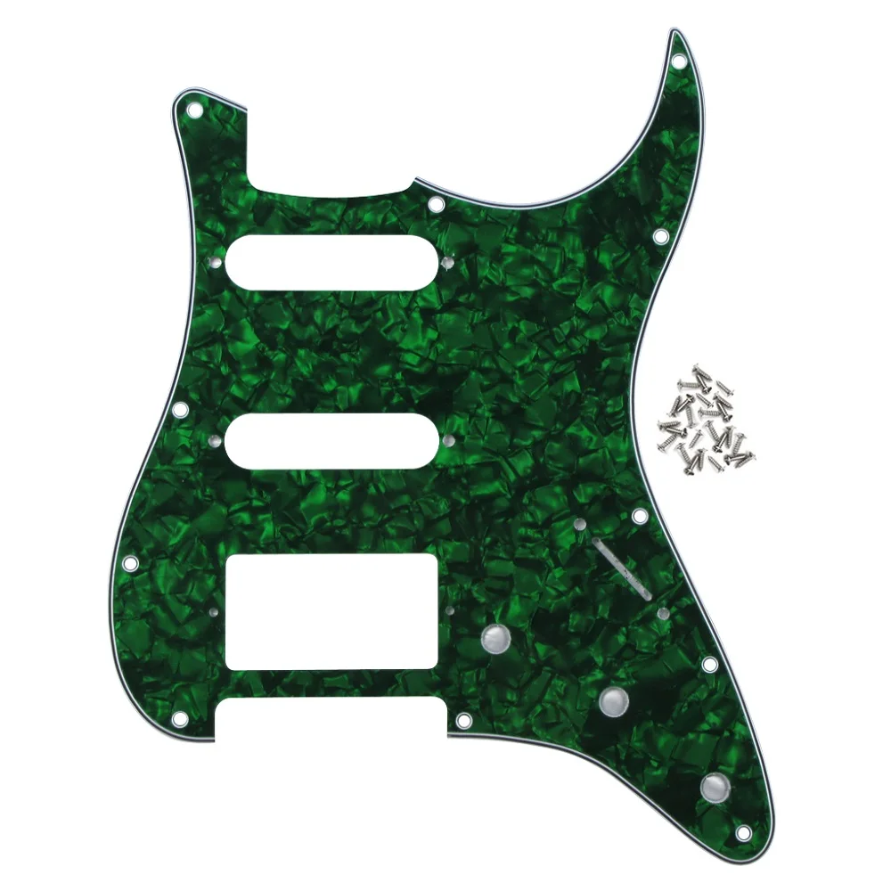 Green Pearl 4ply FLEOR 1 набор из 11 отверстий для электрогитары Pickguard SSH HSS гитарная пластина и винты подходят для гитарных деталей Strat, 20 цветов на выбор - Цвет: Green Pearl 4ply