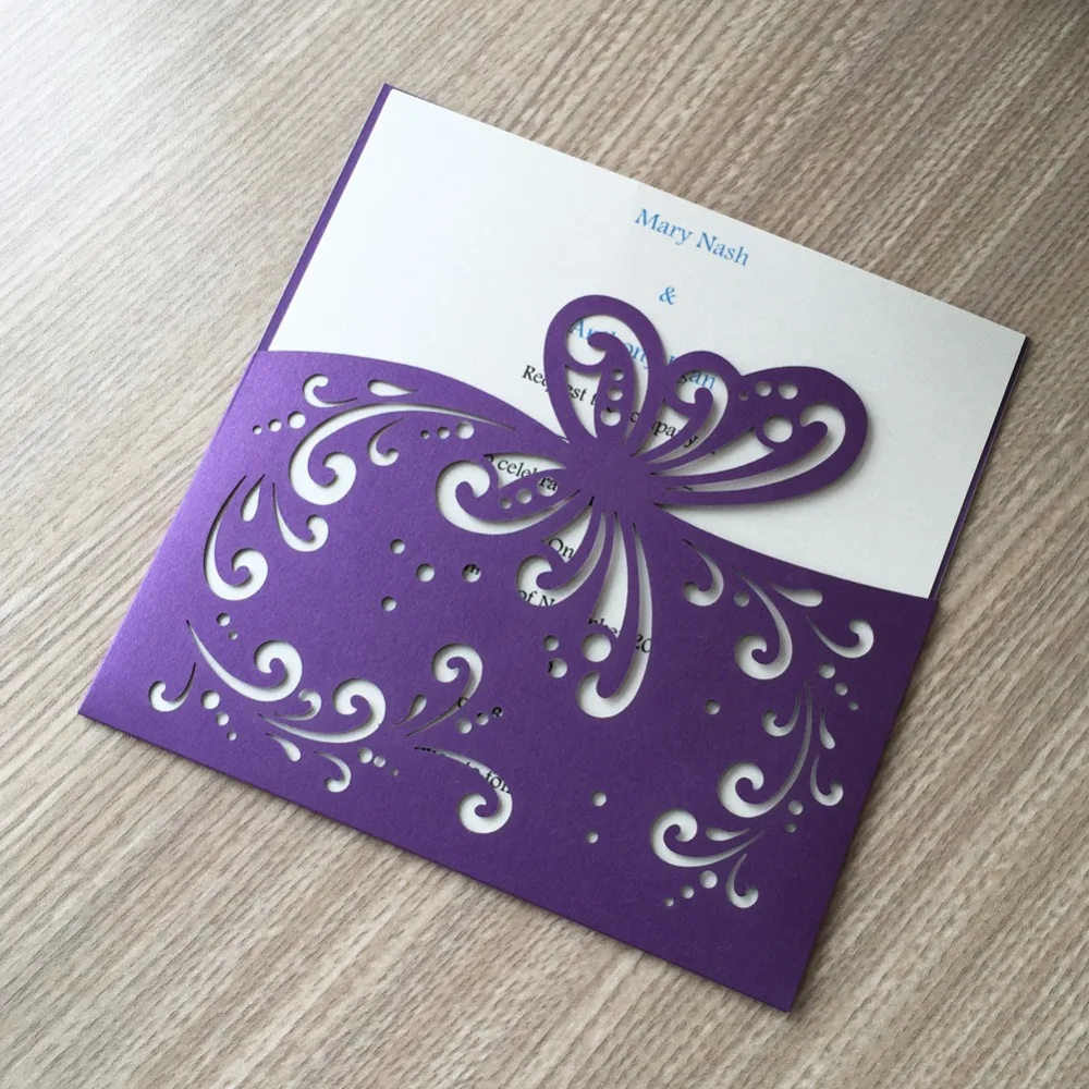 

2017 Hotsale Beautiful Butterfly Printed Wedding Card Design/ Custom Dark Purple&Peach Wedding Invitation Cards &Greeting cards