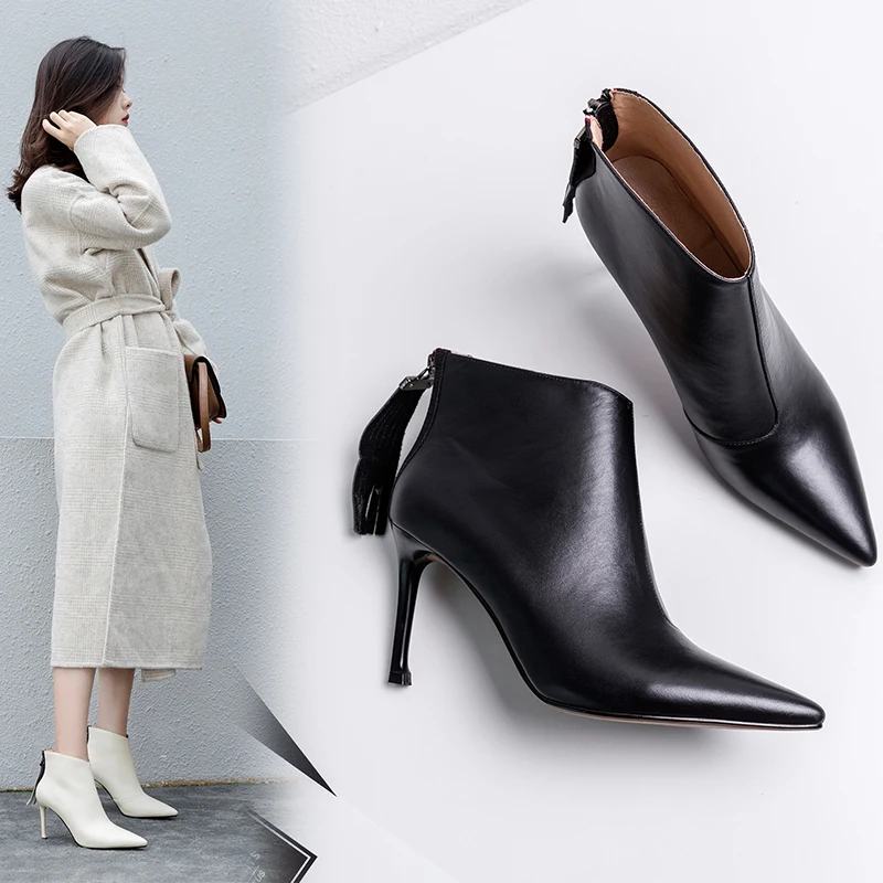 Women Genuine Leather Ankle Boots zipper fringe Sexy Pointed Toe Party Wedding Shoes Woman Ladies Basic Boots Pumps