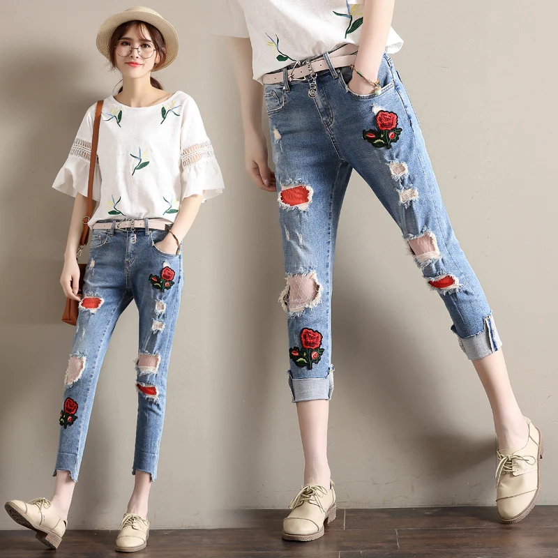 denim jeans panty women spring summer style autumn 2017 feminina fashion thin rose new hole embroidery pants female A3662 |