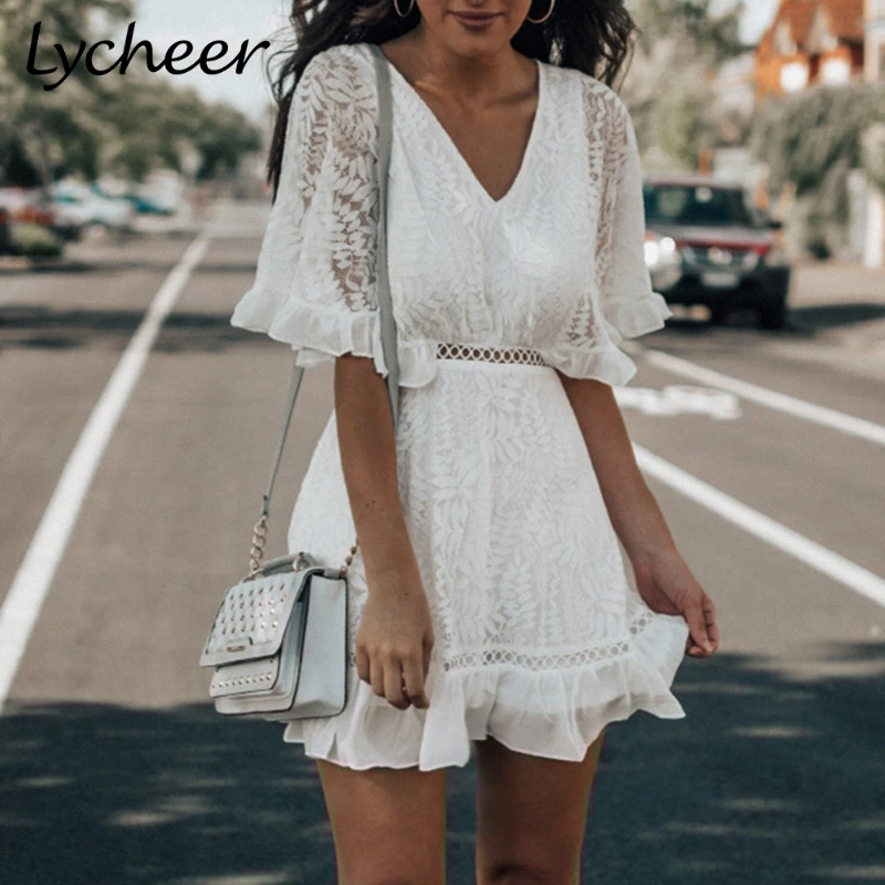 Lycheer Plus size ruffled lace embroidery lining women dress Vintage hollow out high waist sexy V-neck A-line party | Женская одежда
