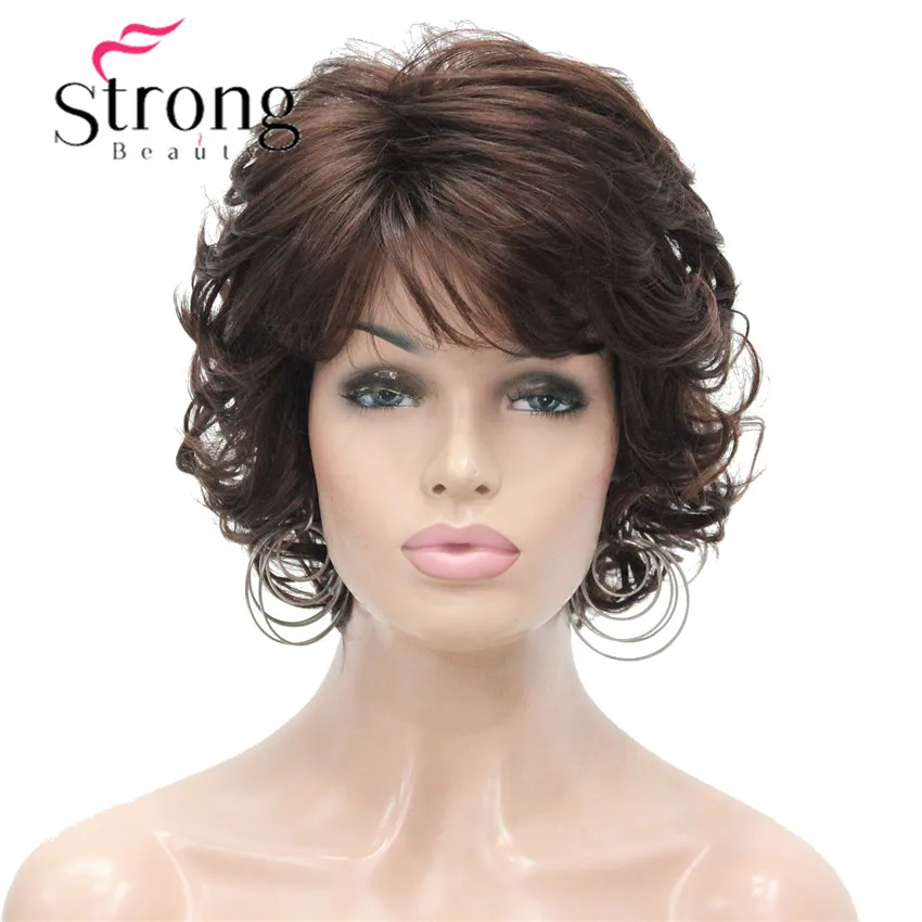StrongBeauty короткий кудрявый парик темно-каштановая боковая часть толстые
