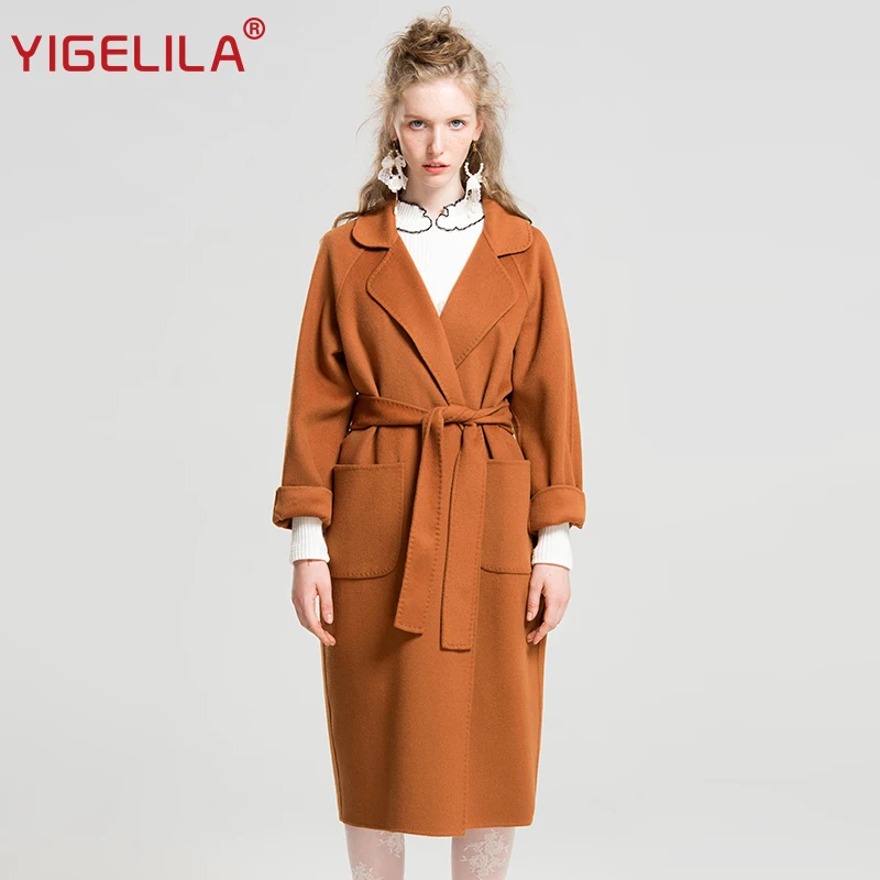 YIGELILA последние 2017 Для женщин модные однотонные Шерстяное пальто отложным