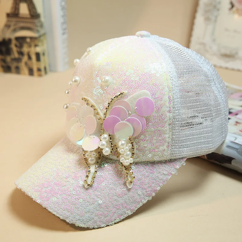 Luxury Women Baseball Cap Brand Bling butterfly Pearl Sequins Hip Hop Cap Vintage Snap Back Design Cap Casual Snapback Hat New
