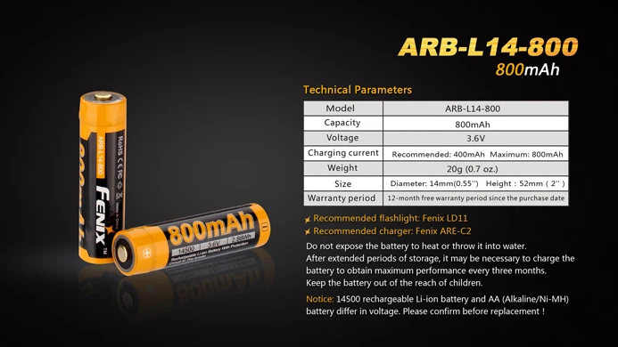 Fenix ARB L14 800 3 6 В 14500 мАч аккумулятор ricaricabile Li Ion con circuito di protezione|li-ion bike|li-ion 10440li-ion battery