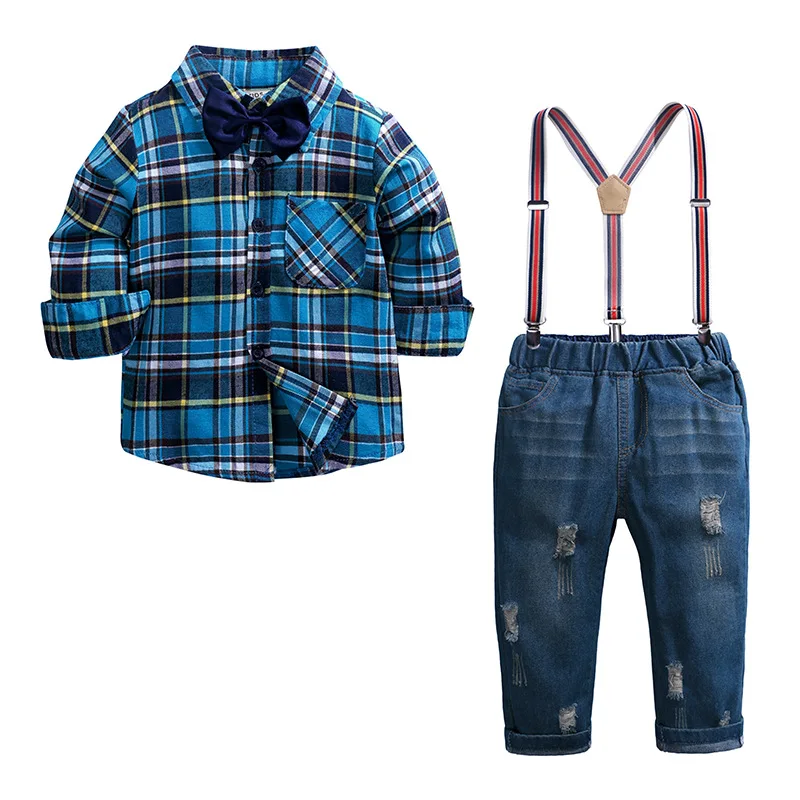 2PCS Kids Boys Clothes Sets 2019 Spring Plaid Blue Pink Shirt+Suspender Jeans Pant Children Gentleman Bow Tie Boy Outfit | Детская