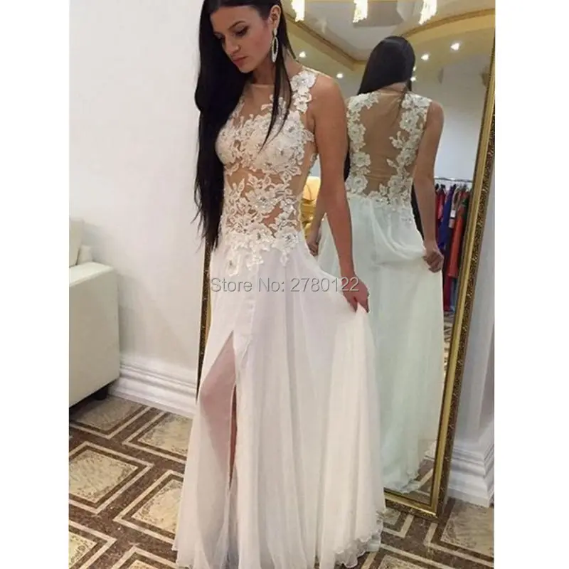 

2020 Evening Dresses Beautiful New Arrival Front Split Sheer Tulle Appliques Beading Long Chiffon Evening Party Gowns