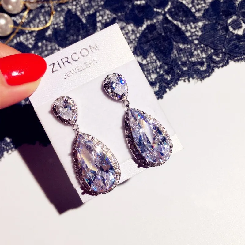 

Vecalon Big Water Drop Dangle earring 6ct AAAAA Cz Real 925 Sterling silver Party wedding Drop Earrings for women Bridal Jewelry