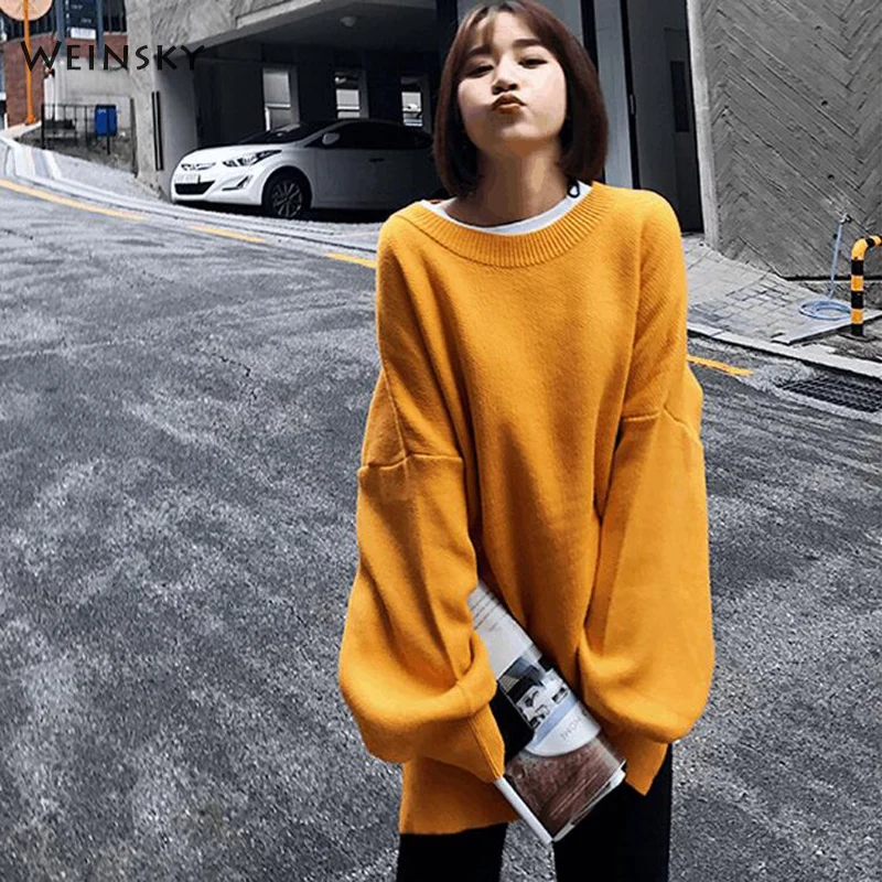 Weinsky Casual Women Knitted Sweaters And Pullovers Ladies Autumn Winter 2018 Korean Oversized Long Yellow White | Женская одежда