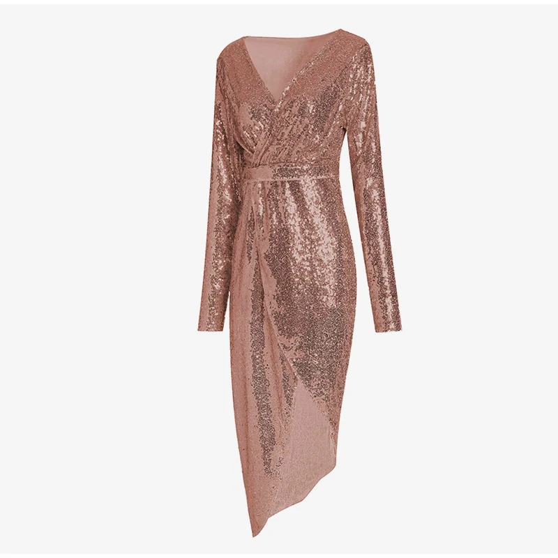 Sequin Sexy Глубокий V образным вырезом для женщин миди платья для разделение с длинным рукавом повседневное тонкий необычное платье для вечеринки для женщин весн