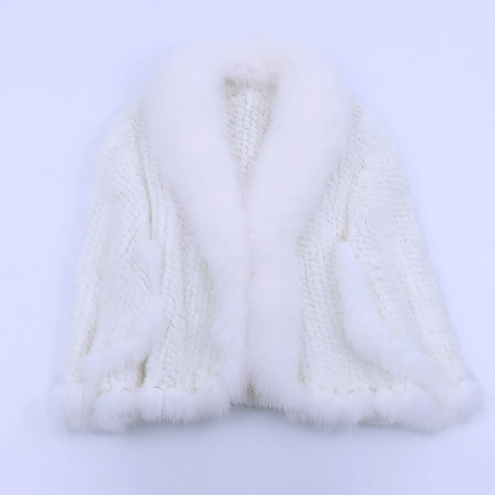Luxury New Genuine Knitted Mink Fur Shawl Wrap Cape with Fox fur collar Triming women Lady mink fur coat Jacket Stole Amice