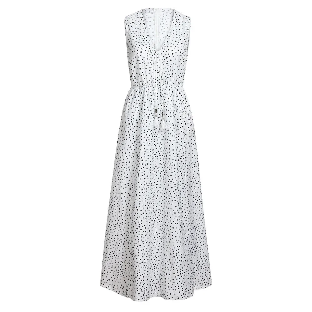 Женское богемное платье макси без рукавов длинное пляжное в горошек с кисточками