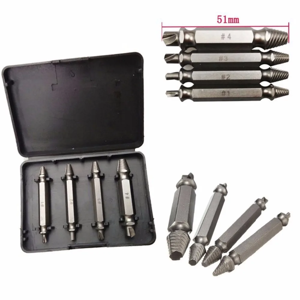 

4PCS/Set Double Side Drill Out Damaged Screw Extractor Drill Bits S2 Alloy Steel Out Remover Bolt Stud Tool Kit #1 #2 #3 #4