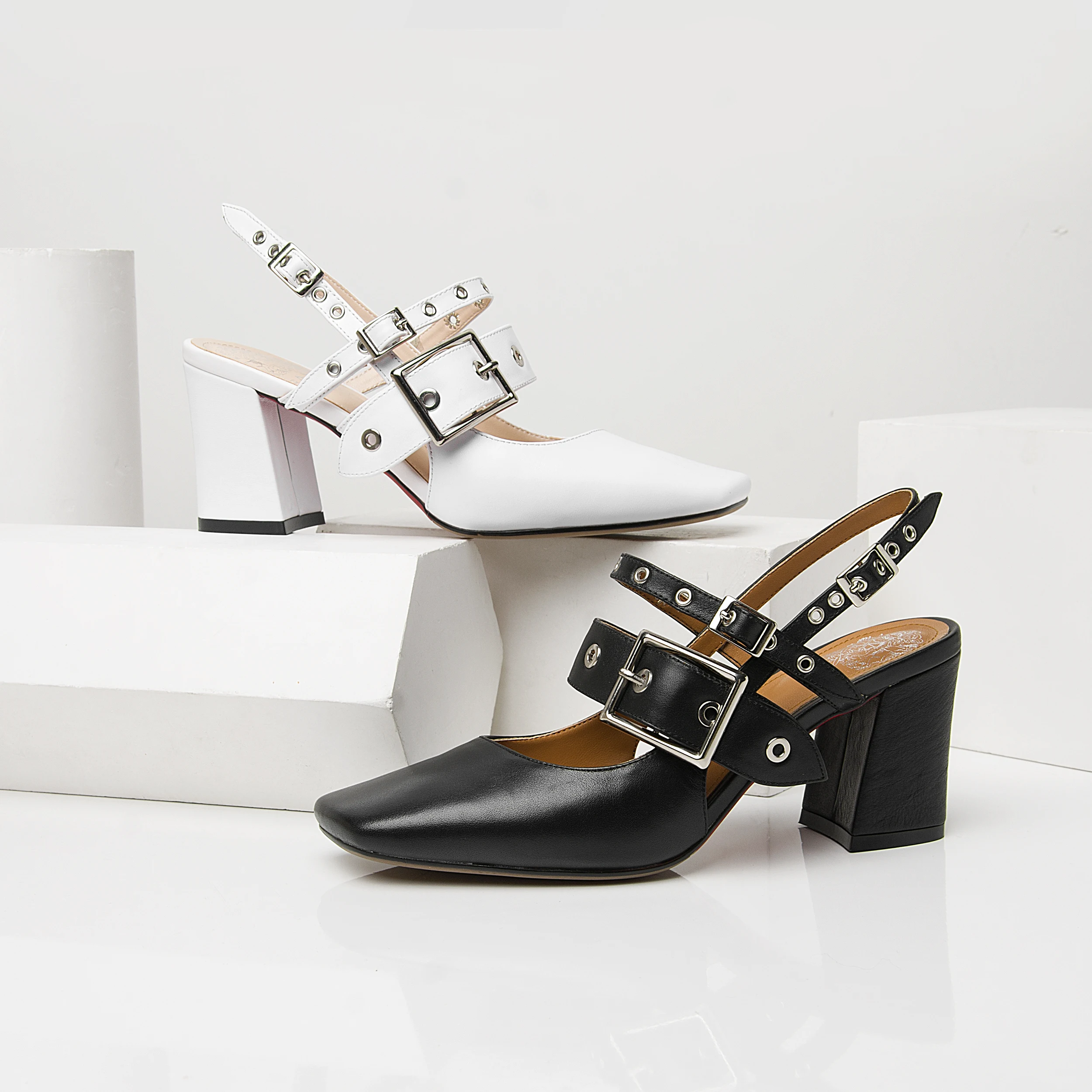 Women Genuine Leather Sandals Black White Stud Square toe Block High Heels Ankle Buckle Strap Platform Pumps Sandalias Mujers | Обувь
