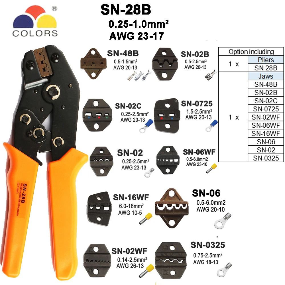 SN-28B 10Jaws Обжимные Клещи Инструменты SN-48B для TAB 2,8 4,8 6,3/C3 XH2.54 3,96 штекером с использованием трубки insuated терминалы Электрический зажим мультиинструмент 28B комплект - Цвет: SN-28B 10Jaws