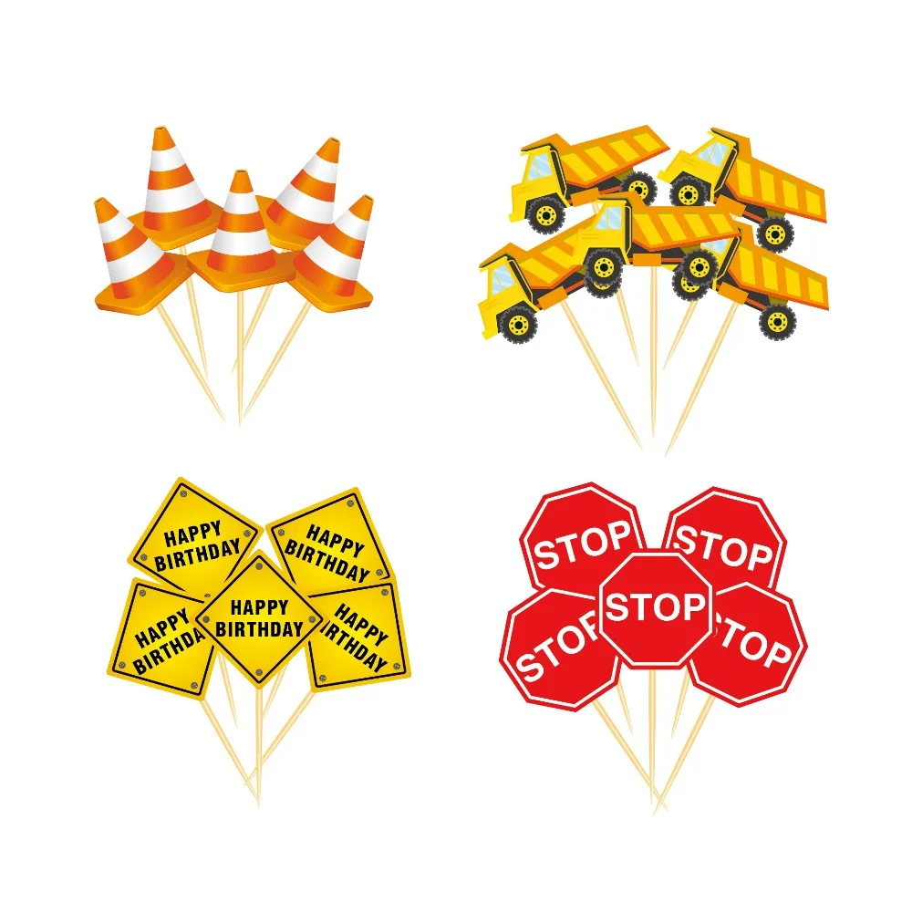 

Construction Theme Cartoon Car Warning Sign Cake Topper Happy Birthday Cupcake Wrapper Kid's Birthday Party Decoration Supplies
