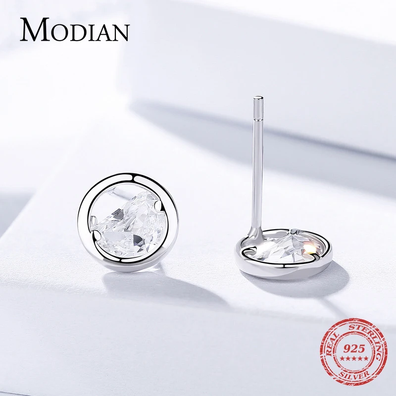 Modian, Новое поступление, очаровательные, в стиле панк, настоящее 925 пробы, серебряные, прозрачные, кубический цирконий, круглые, на удачу, серьги-гвоздики для женщин, серебряные ювелирные изделия