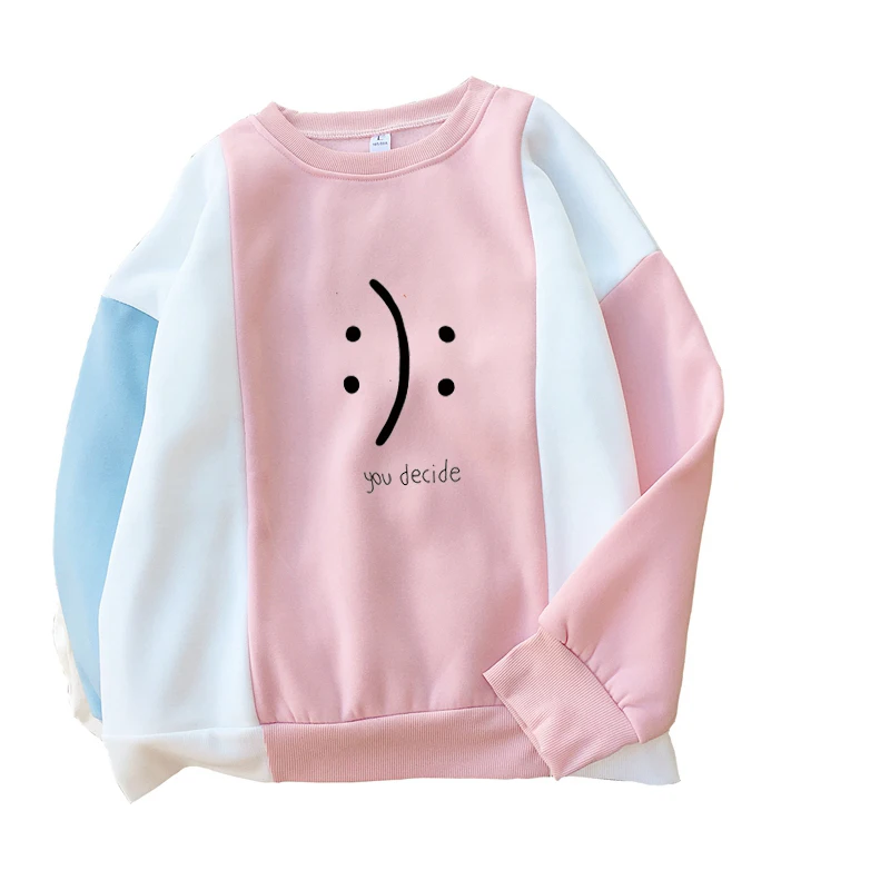 

You Decide Expression Print Harajuku Casual Fleece Pullovers Women Raglan Spell Color Stitching Kawaii Hoodies Sweatshirt Female