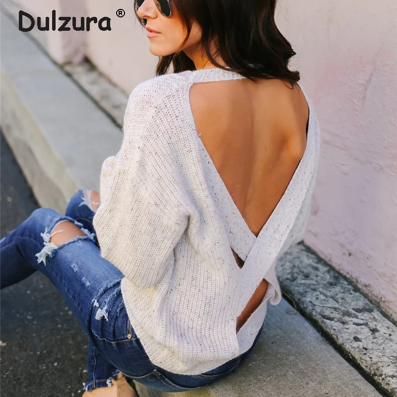 Sexy Backless Criss-cross Jumpers Sweaters Women Batwing Sleeve Oversized Pullovers Casual Loose Knit Pull Femme | Женская одежда