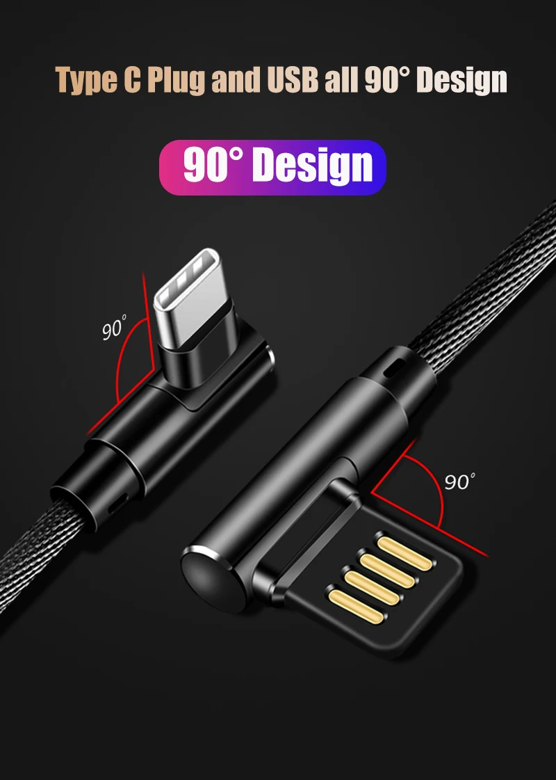 2.4A USB Type C 90 градусов кабель для Samsung Galaxy S10 S9 Plus Xiaomi Mi 9 8 6 MAX 3 LG P30 передачи данных