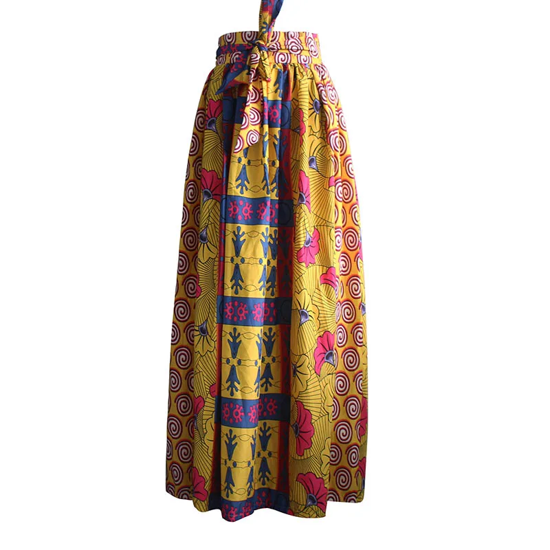 Yellow Женские kanga Африканский Костюмы линия макси юбка традиционные восковой печати плиссированные поясом длинные юбки большой Размеры для Леди Весна - Цвет: Yellow