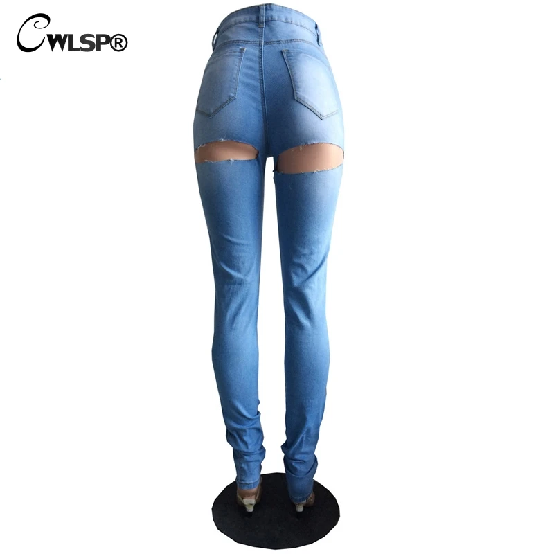 Женские джинсы с высокой талией CWLSP отбеленный поцарапанный дырками на спине