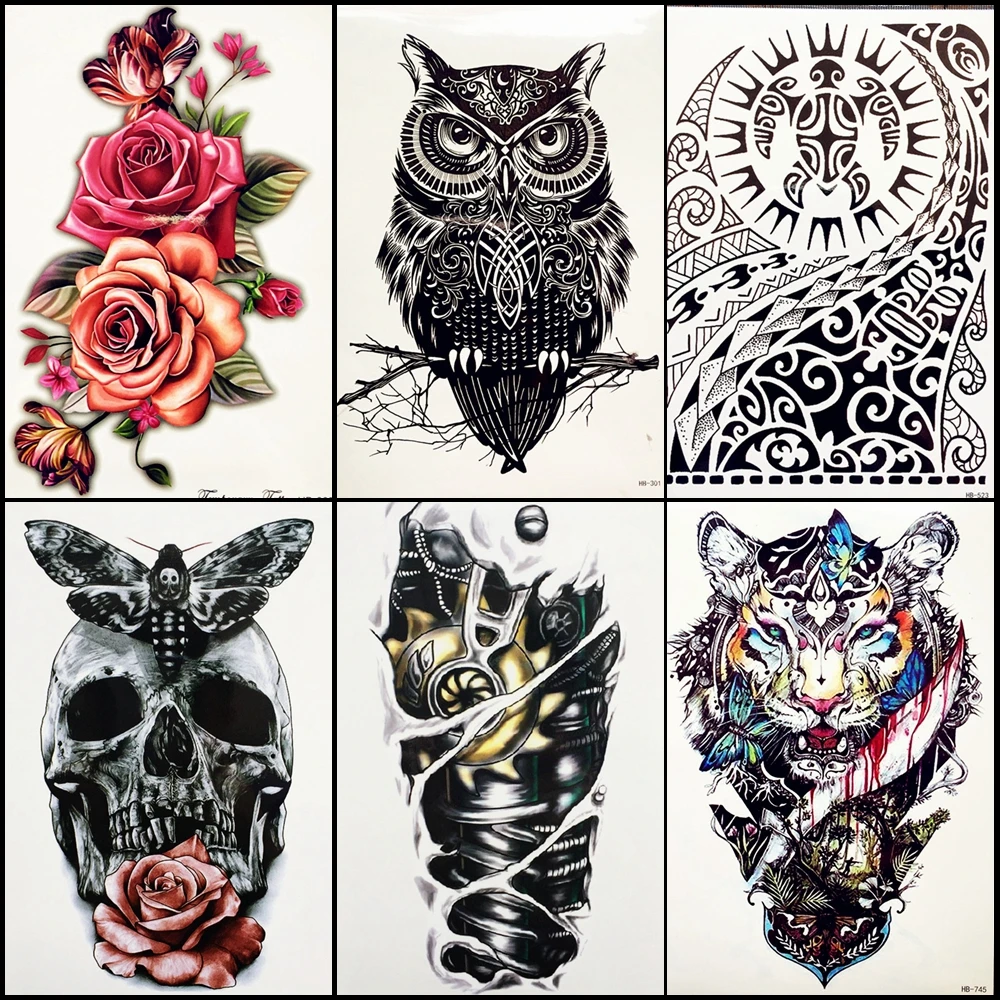 

6 Pieces/Lot Waterproof Machine Arm Tattoo Sleeve For Men Women Henna Body Art Fake Owl Branch Flash Temporary Tattoo Stickers