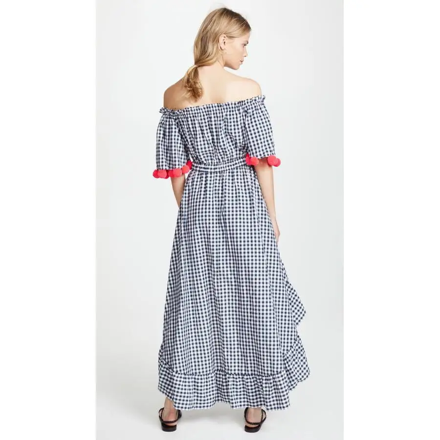 ARANSUE women Beach Holiday bohemian England plaid slash neck pompon botton Frenulum Front short rear length strapless Dress | Женская