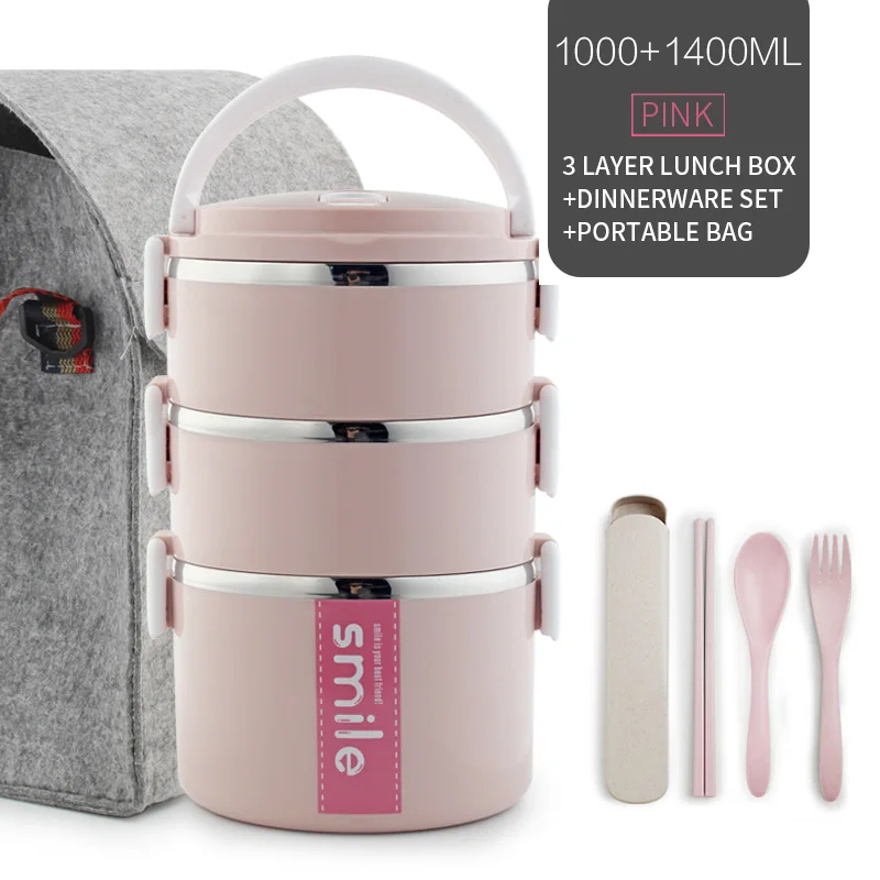 Pink 3 Layer Set Термо-Ланч-бокс из нержавеющей стали, контейнеры с микроволновым контейнером, японский Ланч-бокс Bento для детей, контейнеры для фруктов и еды - Цвет: Pink 3 Layer Set