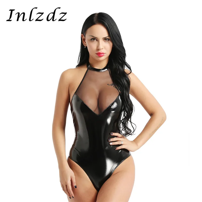 Женский цельный Wetlook искусственная кожа сетка лоскутное нижнее белье Холтер шеи