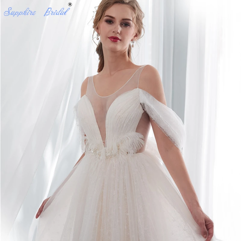 Сапфировое свадебное пляжное платье для невесты 2019 Vestido De Noiva с перьями