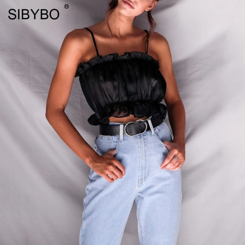 Черный Женский укороченный топ с открытой спиной Sibybo, камисоль без рукавов, облегающая короткая майка с открытыми плечами, плиссированные топы для лета - Цвет: Черный