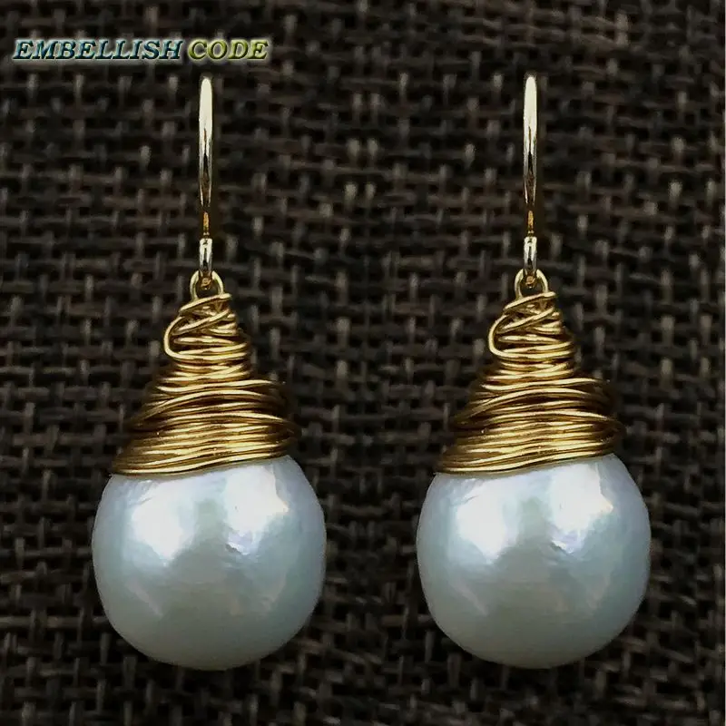 

NEW 2018 hand made pearls Gold plated hook dangle earring baroque pearl fire ball stely tear drop shape white with gold color