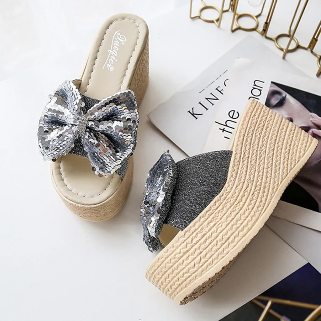 Женские сандалии летние блестящие шлепанцы с бантиком Босоножки открытым носком