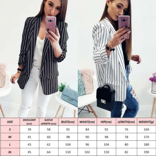 Для женщин черный белый цвет костюм в полоску топы Стильный Button Blazer Тонкий куртки