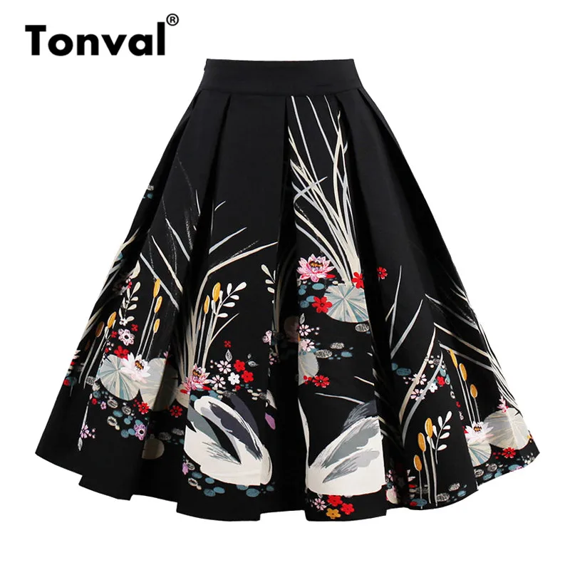swan Tonval, винтажная плиссированная юбка, темно-синяя, с цветочным принтом, высокая талия, юбки для женщин, Ретро стиль, для школы, летняя,, юбка - Цвет: swan