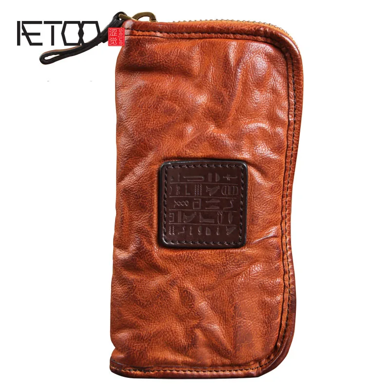 

Genuine Leather Men's Wallet Vintage Unisex Long Cash Purse Zipper Natural Cowskin Leather Male Clutch Bag ID Card Holder