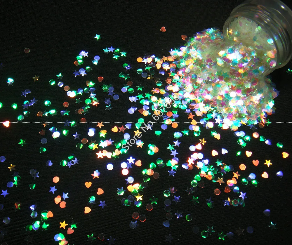 Mix Size White Glitter Round Heart Star Shape with Colorful Purple Gold Green Light Tint for Nail Craft Art Decoration | Красота и