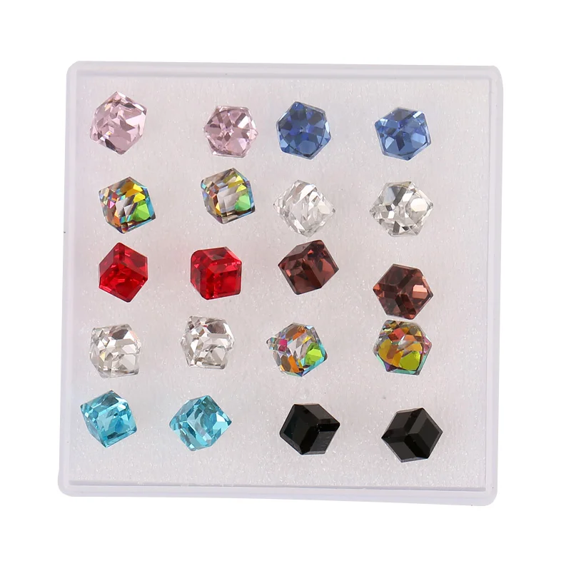 Женские квадратные серьги гвоздики с кристаллами 10 пары/упр|Серьги-гвоздики| |