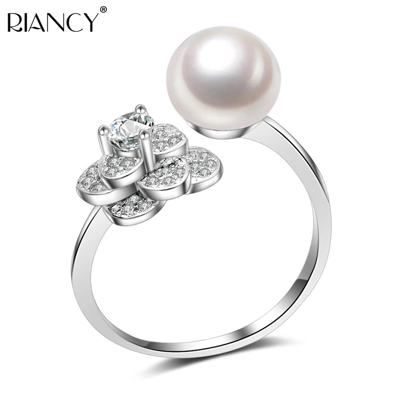 Adjustable white pearl ring for lady,charm 925 sterling silver ring jewelry,fashion rose flower pearl ring anniversary gift